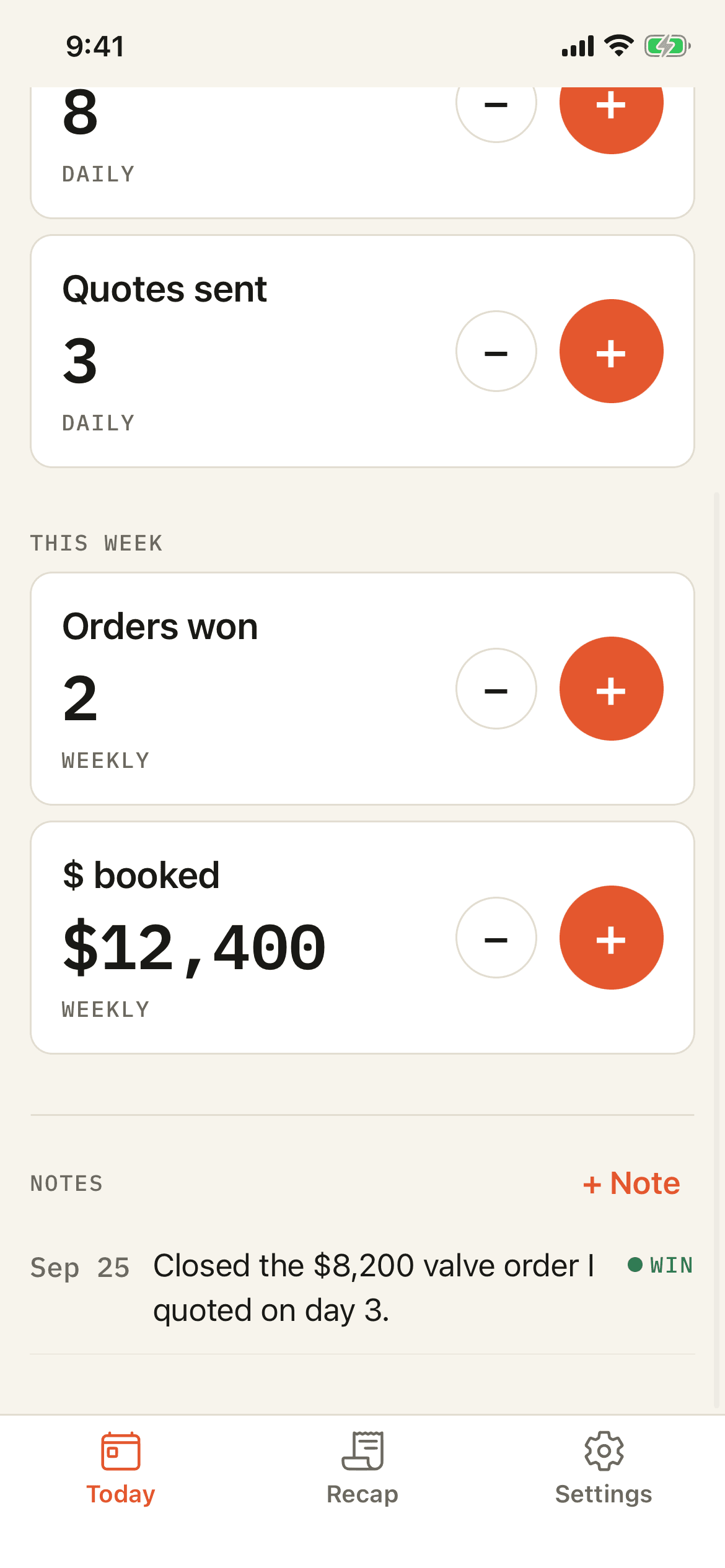 This week: Orders won 2 and $ booked $12,400. Below, a note from Sep 25 marked WIN: Closed the $8,200 valve order I quoted on day 3.